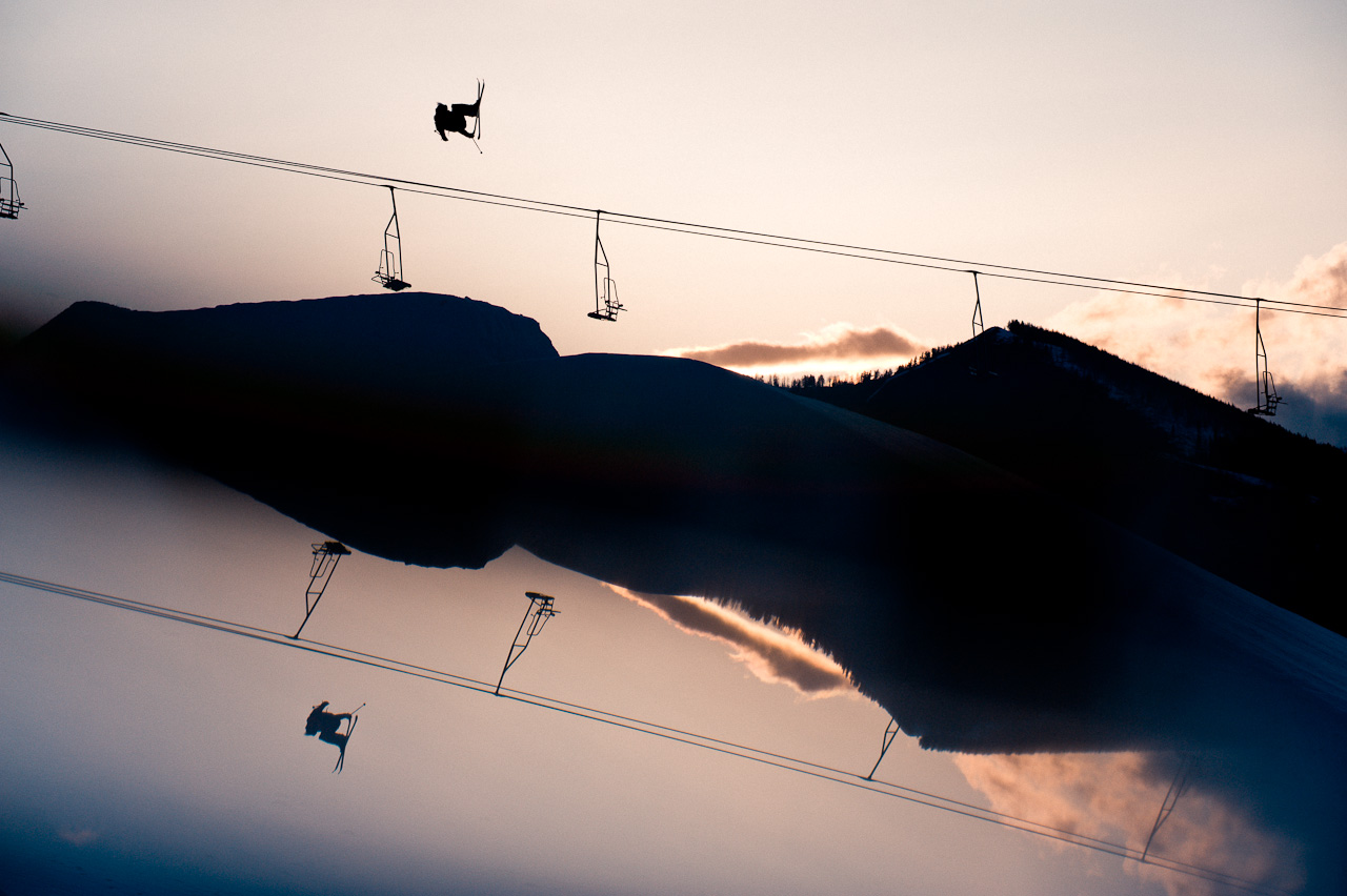 Banks Gilberti on Dollar Mountain in Sun Valley, ID. Shot in one frame holding a glass prism in front of the lens.