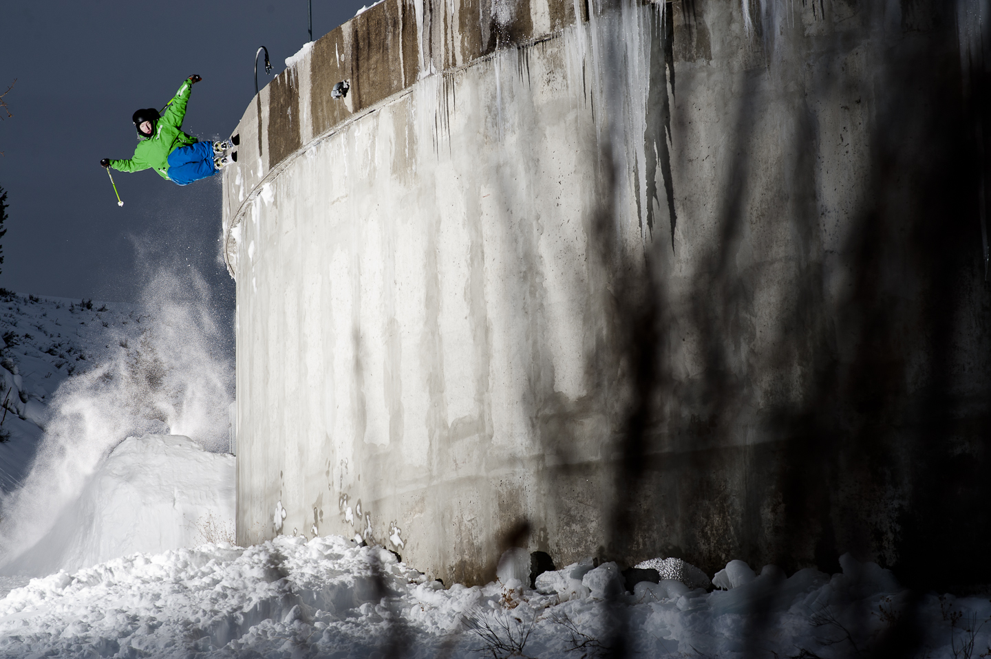 Local skier and skateboarder as well as film maker, Ben Parker, sessions the water tower behind town