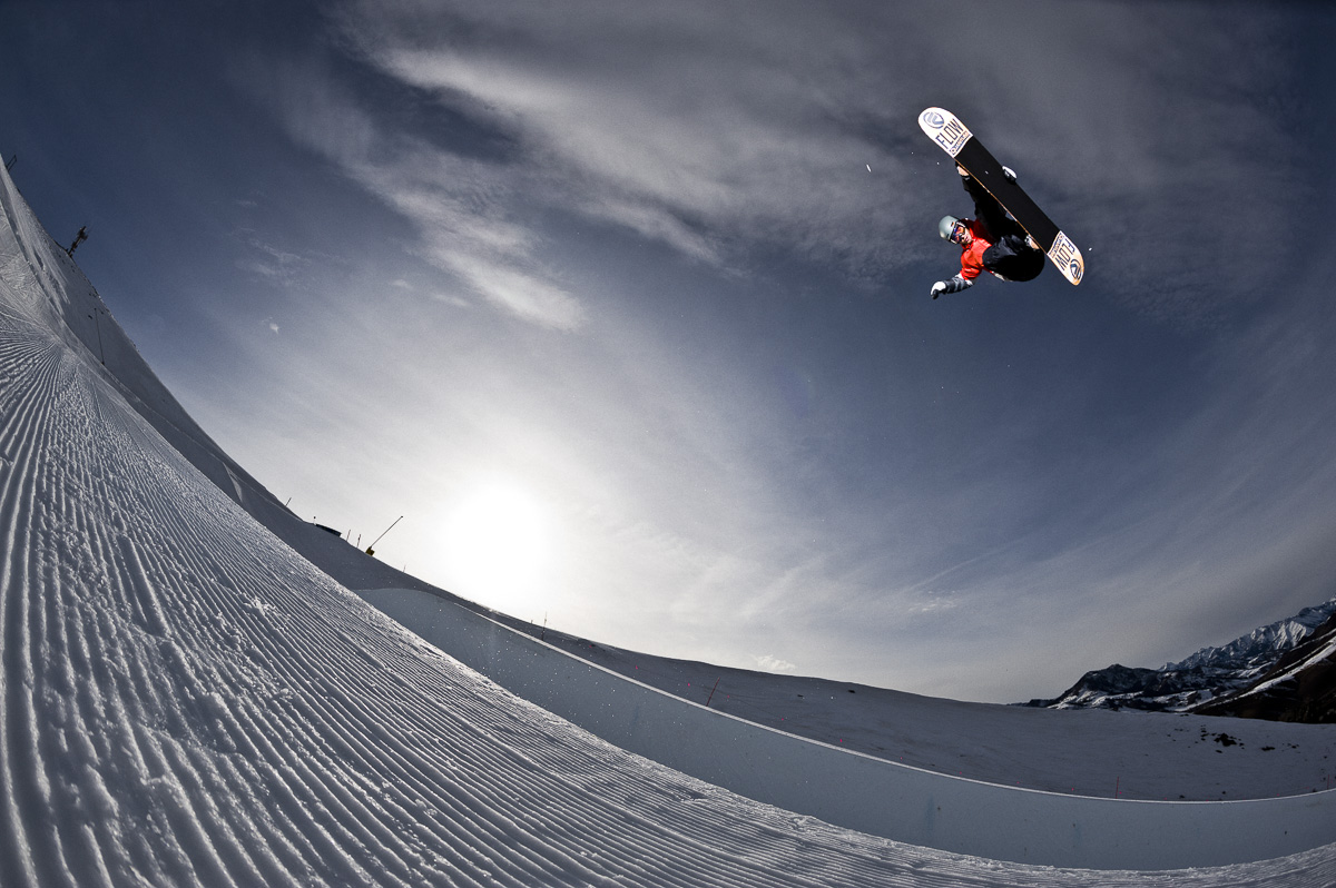Smith Optics' Olympic silver medalist and all around heavy hitter Scotty Lago gets blasted out of the Dollar Super Pipe during a catalog shoot for Smith.
